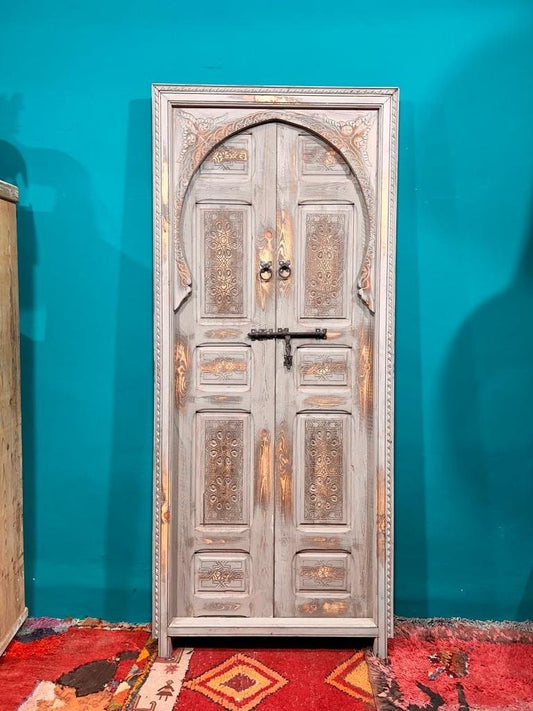 White Moroccan  Carved Door , Wooden Door , Antique Door , Wall Decor ,  Double Carved Wooden White Door .