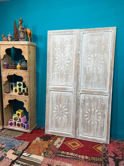 Hand carved sliding barn door, antique Moroccan white door, custom size front door, double or single interior exterior doors, wall art decor