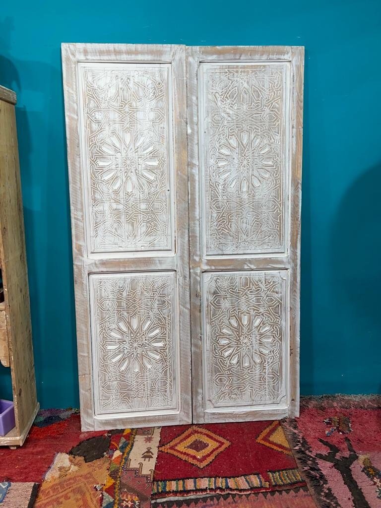 Hand carved sliding barn door, antique Moroccan white door, custom size front door, double or single interior exterior doors, wall art decor