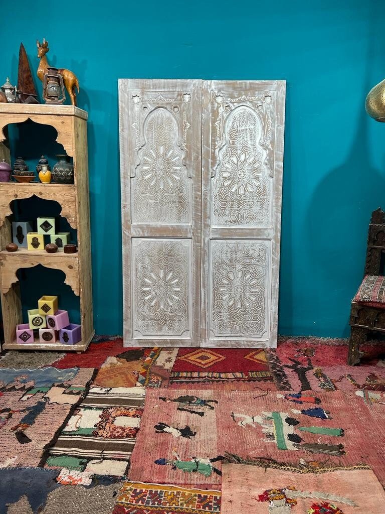 Hand carved sliding barn door, antique Moroccan white door, custom size front door, double or single interior exterior doors, wall art decor