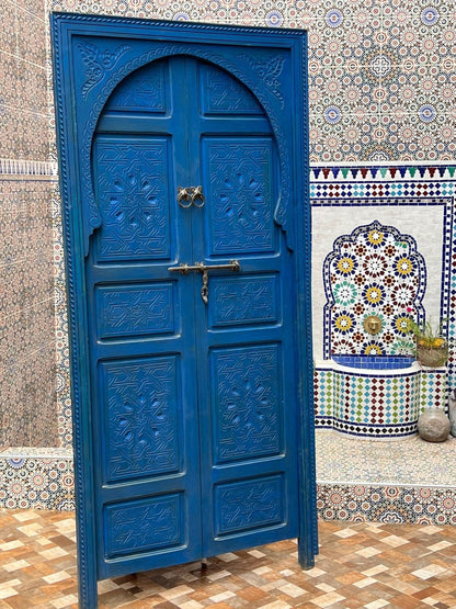 Wooden Carved Moroccan Door - Hand Painted, Distressed, Vintage, Antique, Blue Wooden Large Door Crafted with Best Quality of Wood