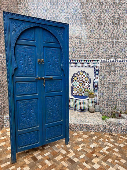 Wooden Carved Moroccan Door - Hand Painted, Distressed, Vintage, Antique, Blue Wooden Large Door Crafted with Best Quality of Wood