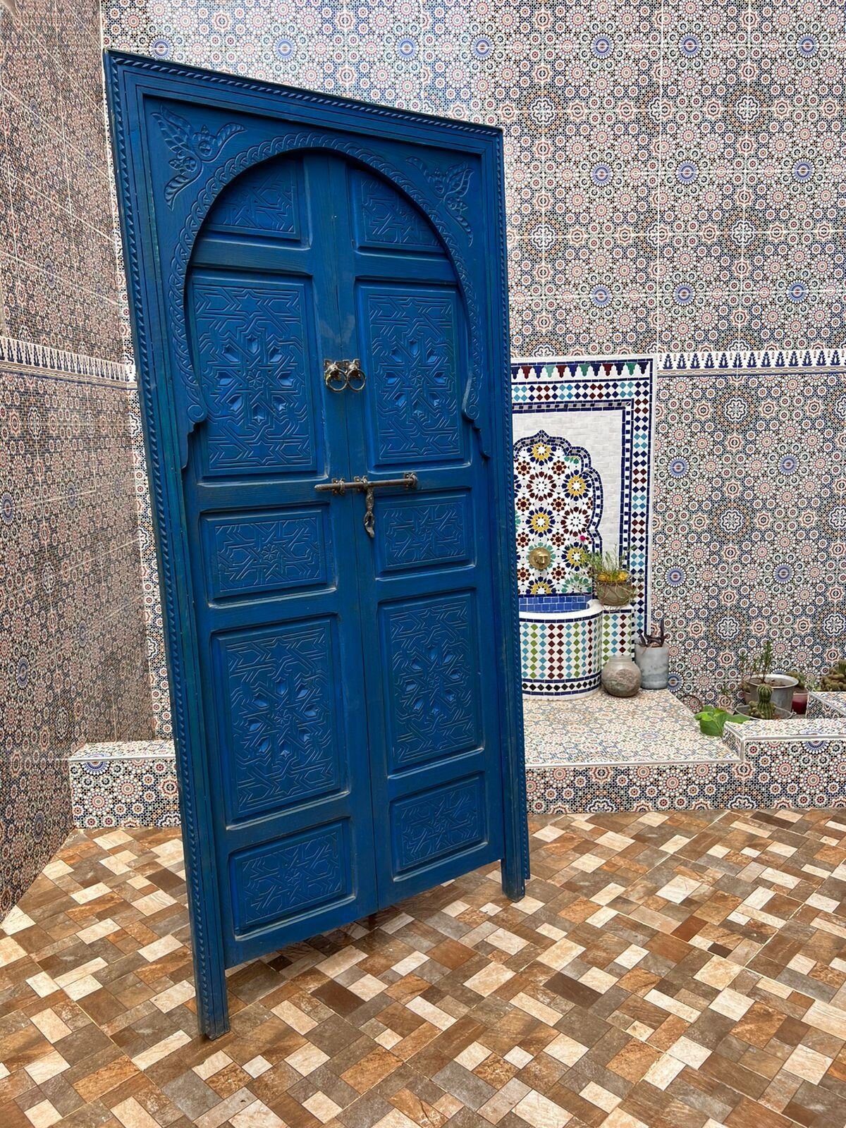 Wooden Carved Moroccan Door - Hand Painted, Distressed, Vintage, Antique, Blue Wooden Large Door Crafted with Best Quality of Wood