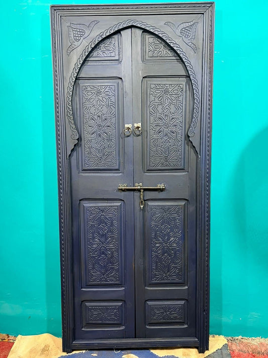 Wooden Carved Blue Moroccan Door - Hand Painted, Distressed, Vintage, Antique, Blue Wooden Large Door Crafted with Best Quality of Wood