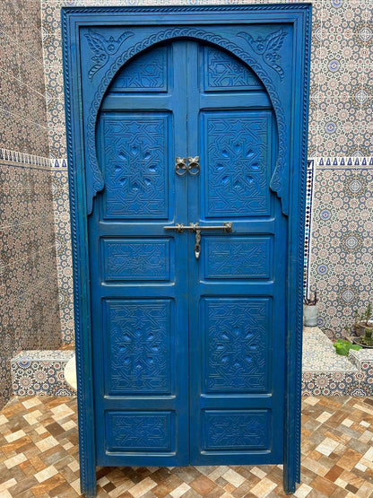 Wooden Carved Moroccan Door - Hand Painted, Distressed, Vintage, Antique, Blue Wooden Large Door Crafted with Best Quality of Wood