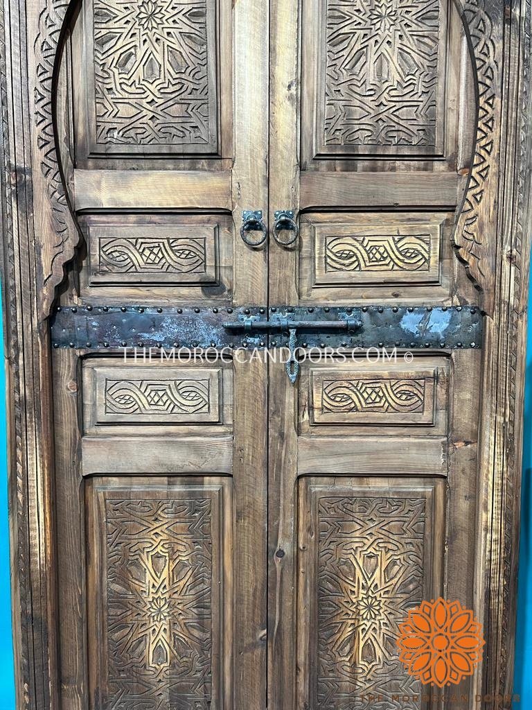 Andalusian Moorish Double Bedroom Door, Carve Panels Hand Carved Indoor With Handmade Moroccan Work, Carved Wooden Door