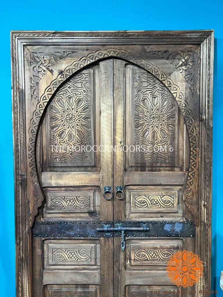 Andalusian Moorish Double Bedroom Door, Carve Panels Hand Carved Indoor With Handmade Moroccan Work, Carved Wooden Door