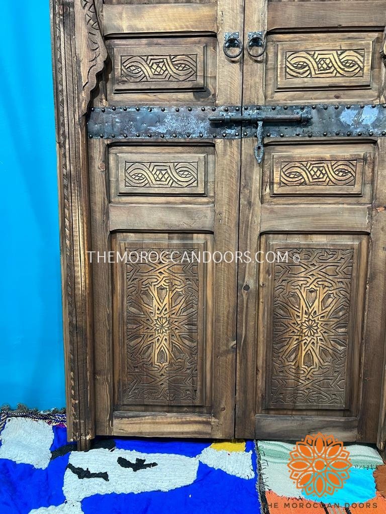 Andalusian Moorish Double Bedroom Door, Carve Panels Hand Carved Indoor With Handmade Moroccan Work, Carved Wooden Door