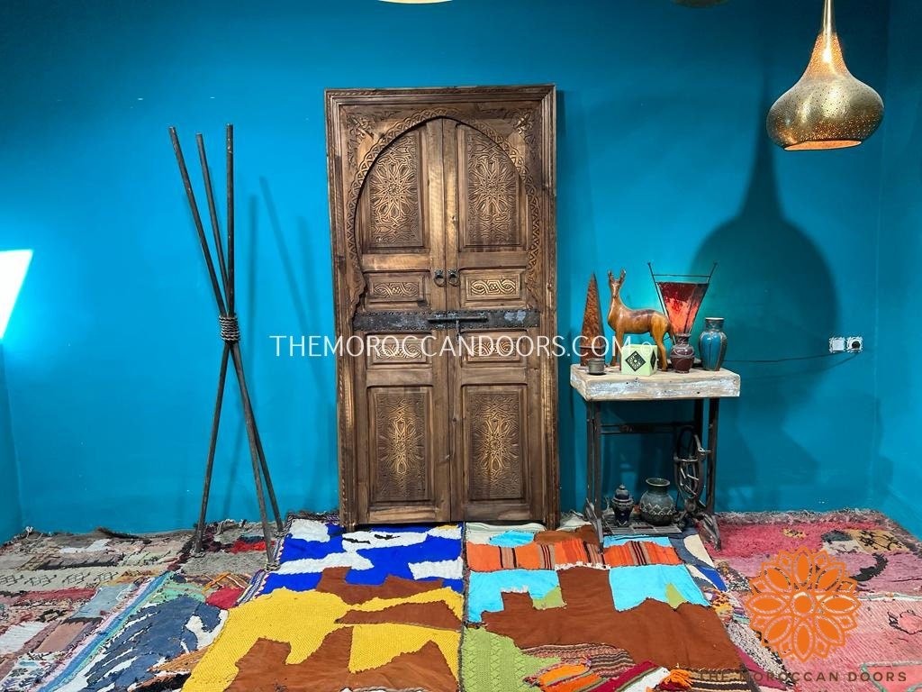 Andalusian Moorish Double Bedroom Door, Carve Panels Hand Carved Indoor With Handmade Moroccan Work, Carved Wooden Door