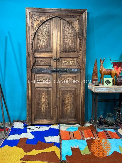 Andalusian Moorish Double Bedroom Door, Carve Panels Hand Carved Indoor With Handmade Moroccan Work, Carved Wooden Door