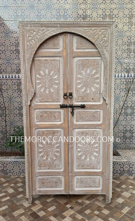 Add Exotic Charm With Handcrafted Moroccan Double White-Colored Door, Carved Moroccan Door, Wooden Door, Rustic Hinged Doors, Home doors.