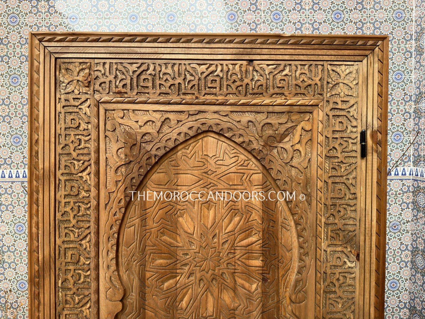 Carved Wood Cabinet Door With Exterior Opening, Bohemian Style With Carved Iron lock, Wooden Writing Door For Interior Or Exterior Closet.