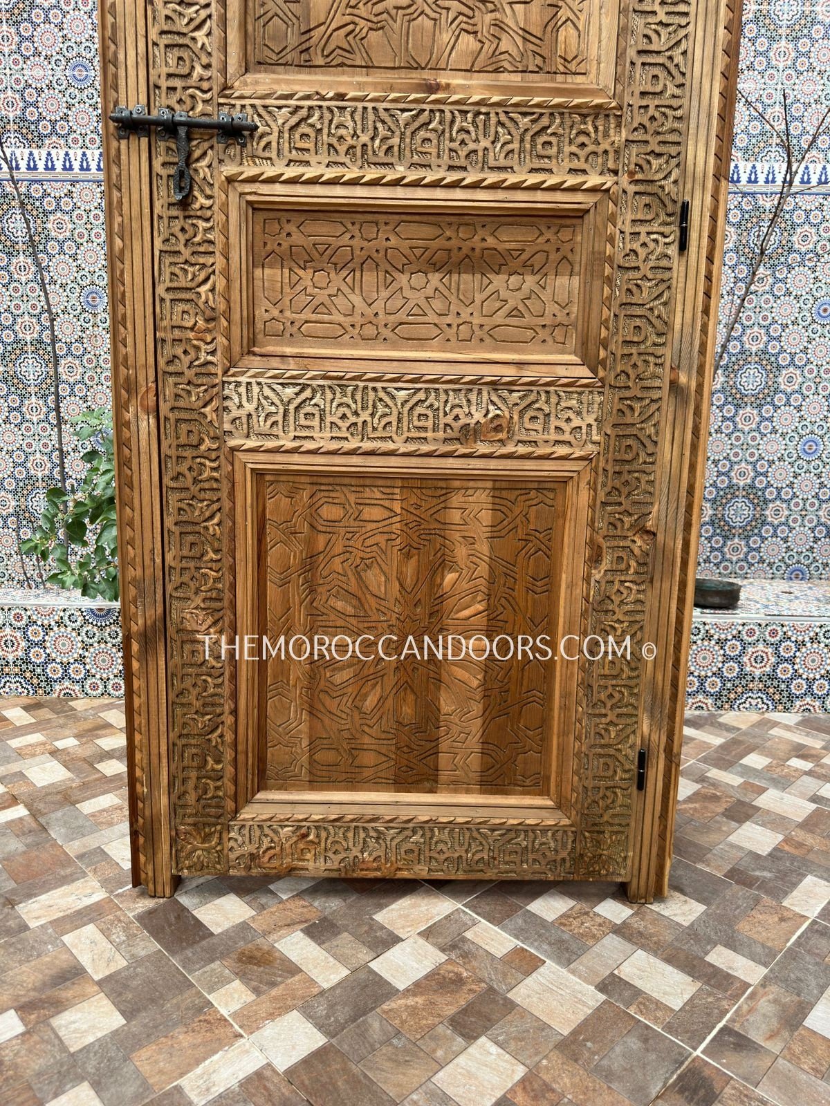 Carved Wood Cabinet Door With Exterior Opening, Bohemian Style With Carved Iron lock, Wooden Writing Door For Interior Or Exterior Closet.