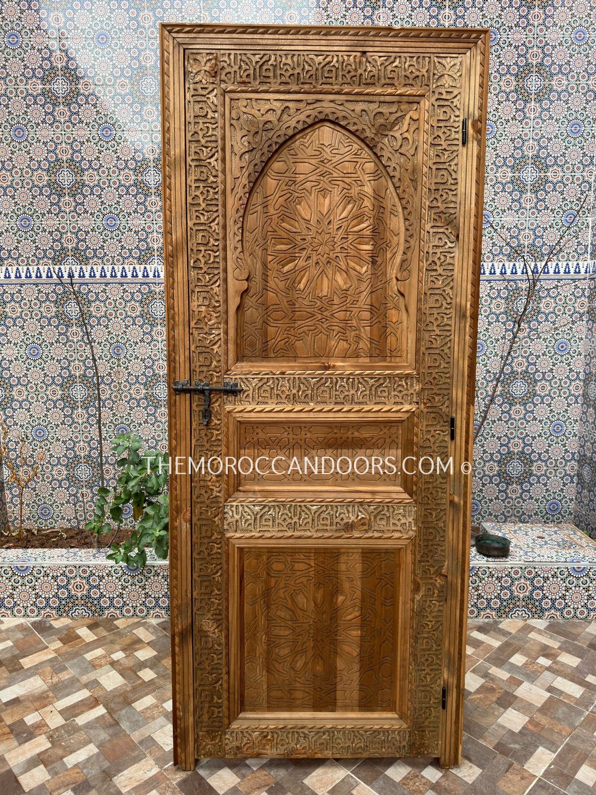 Carved Wood Cabinet Door With Exterior Opening, Bohemian Style With Carved Iron lock, Wooden Writing Door For Interior Or Exterior Closet.