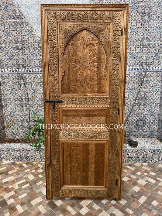 Carved Wood Cabinet Door With Exterior Opening, Bohemian Style With Carved Iron lock, Wooden Writing Door For Interior Or Exterior Closet.