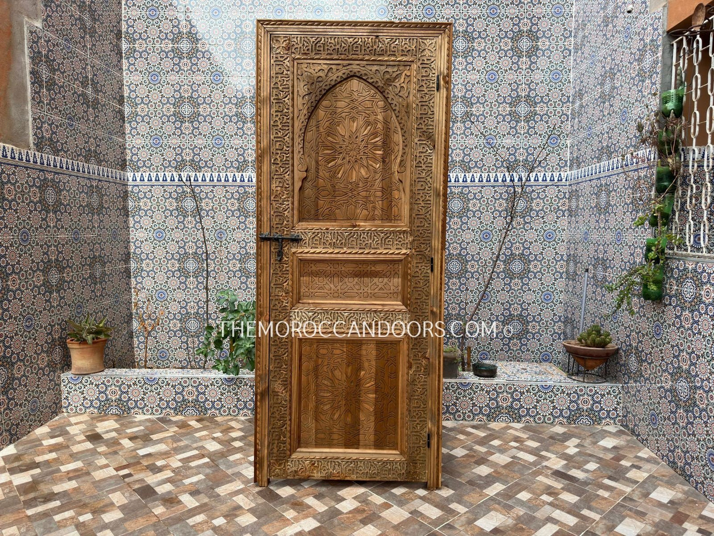 Carved Wood Cabinet Door With Exterior Opening, Bohemian Style With Carved Iron lock, Wooden Writing Door For Interior Or Exterior Closet.