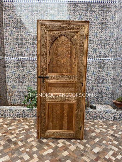 Carved Wood Cabinet Door With Exterior Opening, Bohemian Style With Carved Iron lock, Wooden Writing Door For Interior Or Exterior Closet.