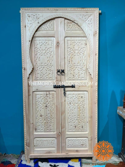 Carved Panels Hand Carved Indoor With Handmade Moroccan Work Andalusian Moorish Double Bedroom Door, Carved Wooden Door