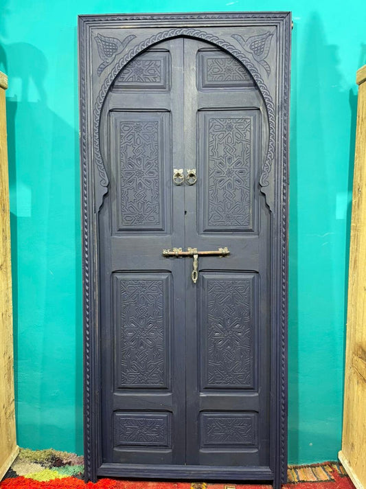 OLD CARVED Blue DOOR , Cave Antique Door , Double Door , Wall Decor