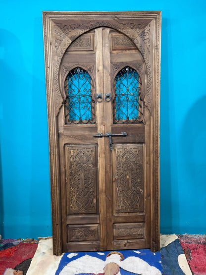 Wooden Carved Moroccan Door With Fer Forgé , Interior Exterior Door , Porte de grange .