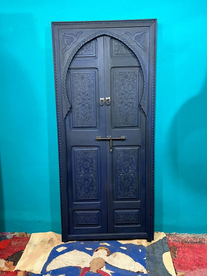 Wooden Carved Blue Moroccan Door - Hand Painted, Distressed, Vintage, Antique, Blue Wooden Large Door Crafted with Best Quality of Wood