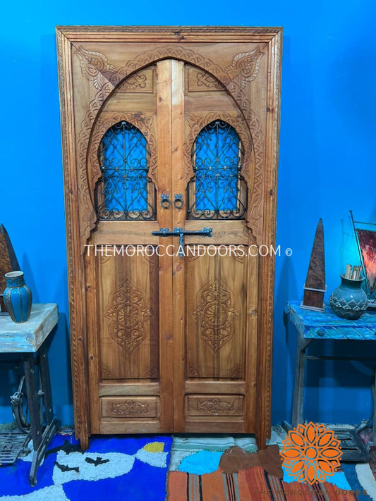 Traditional Moroccan Door Carved Wooden Door, With Two Windows In Wrought Iron Worked A Hand. Wall Decor For Your Home, Custom Wooden Doors.